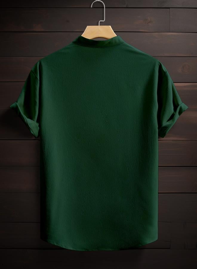Take Two Men Dark Green Mandarin Collar Short Sleeve Shirt - Image 2